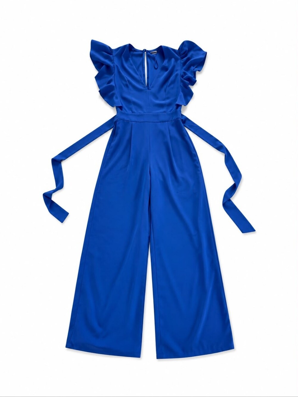 Classic Ruffle-Sleeve Wide-Leg Jumpsuit in Royal Blue